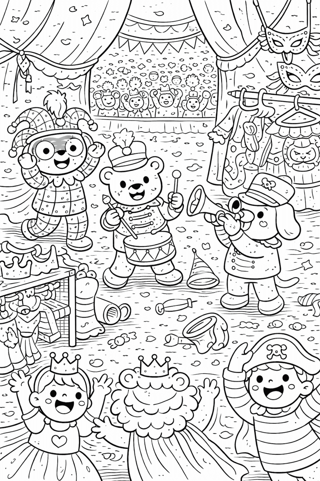 Karnevalvorbereitung hinter den Kulissen - Ausmalbild