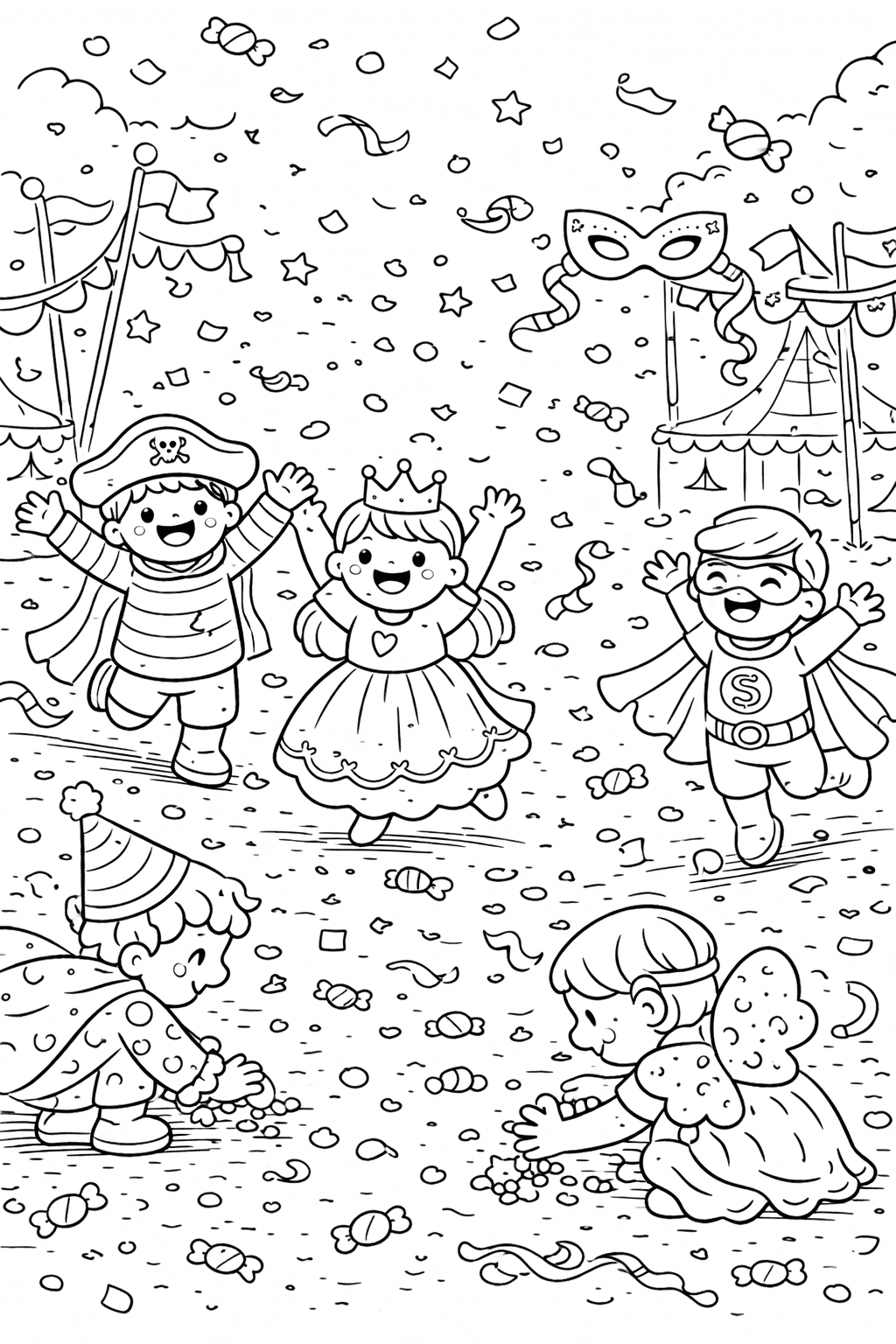 Kinder auf dem Karnevalsgelände - Ausmalbild