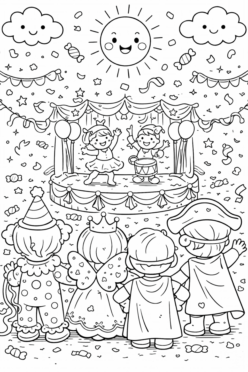 Kinder im Karneval vor Bühne - Ausmalbild