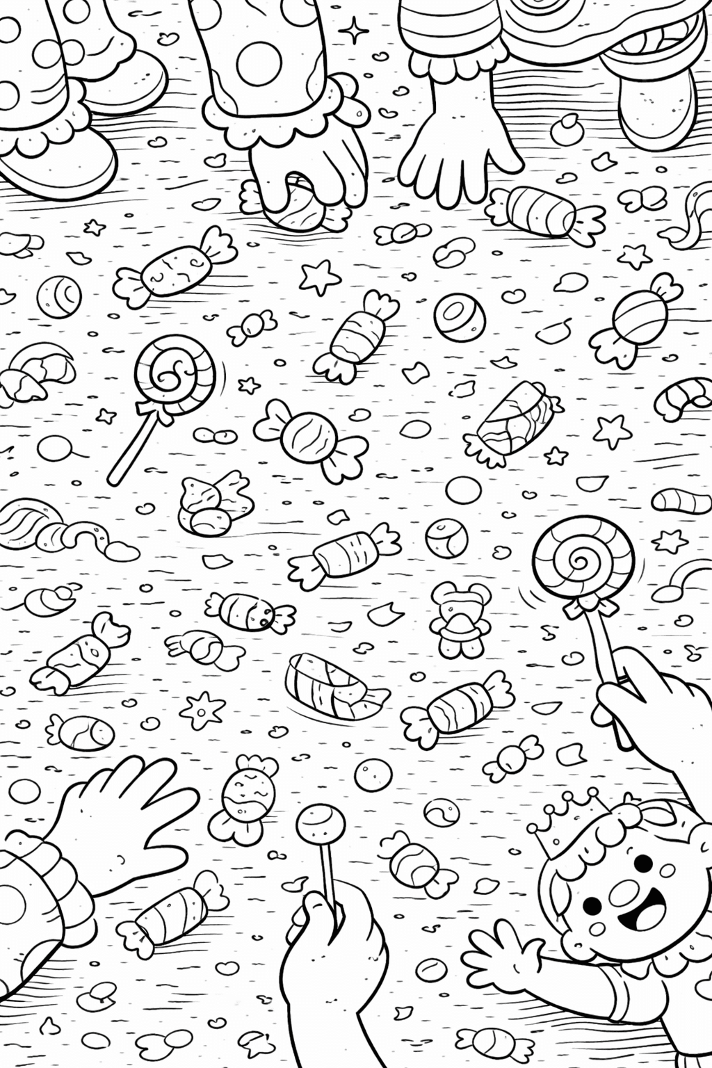 Kinderhände greifen nach Süßigkeiten - Ausmalbild