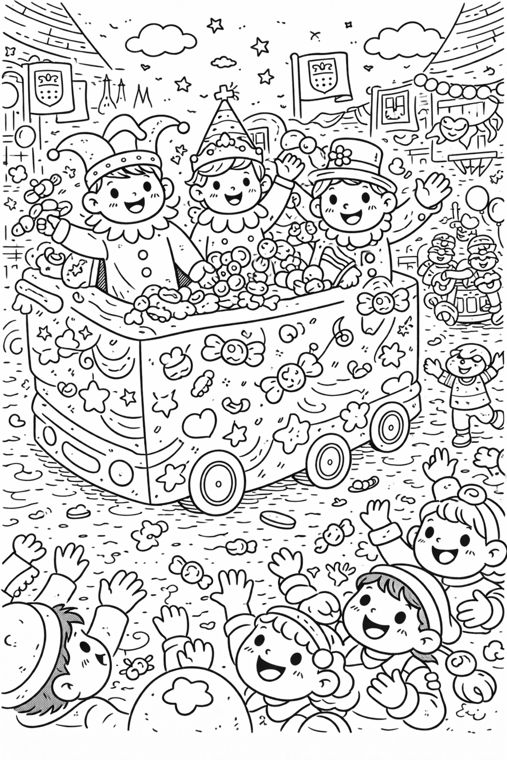 Karnevalsumzug mit Stadttoren - Ausmalbild