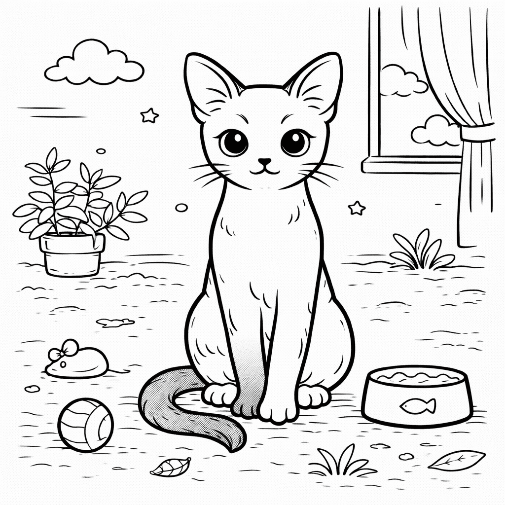 Katzen_abyssinische Katze Mit Spielzeug Und Fenster