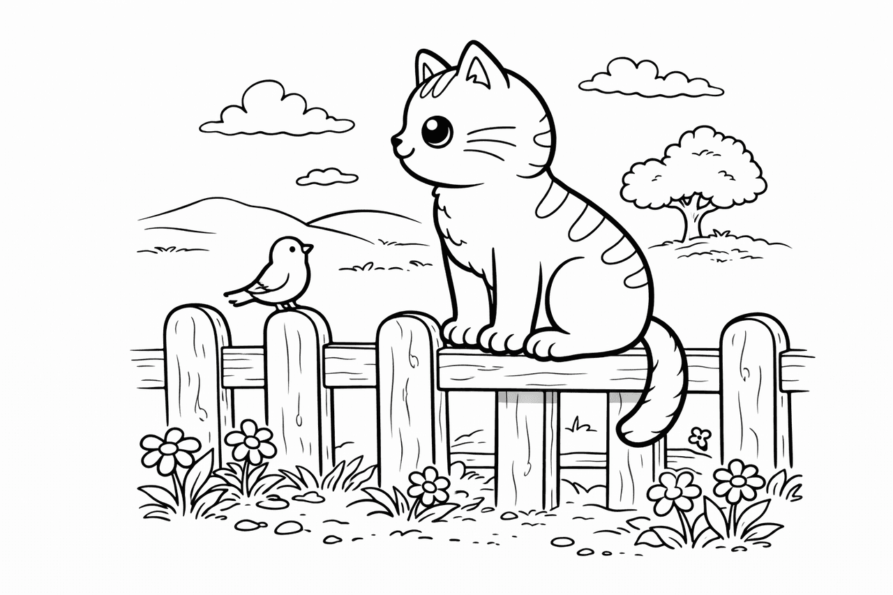 Katzen_katze Auf Dem Zaun Mit Vogel