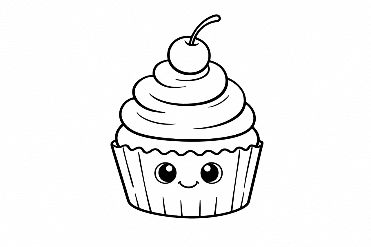 Kawaii Cupcake Mit Kirsche - Ausmalbild
