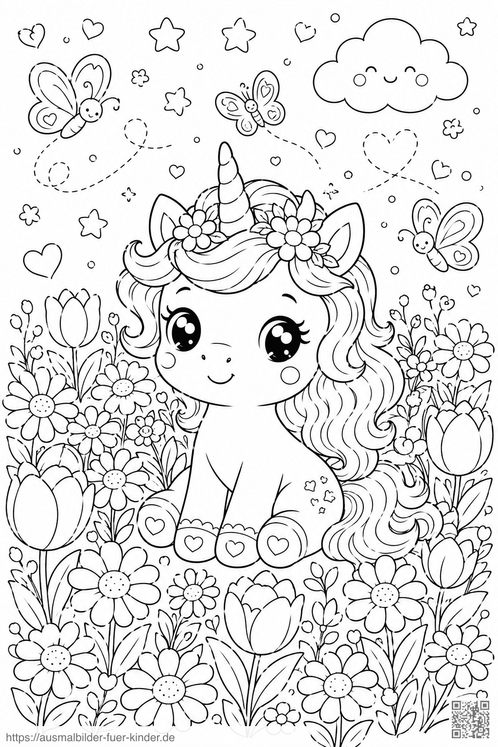 Kawaii Einhorn im Blumenmeer - Ausmalbild