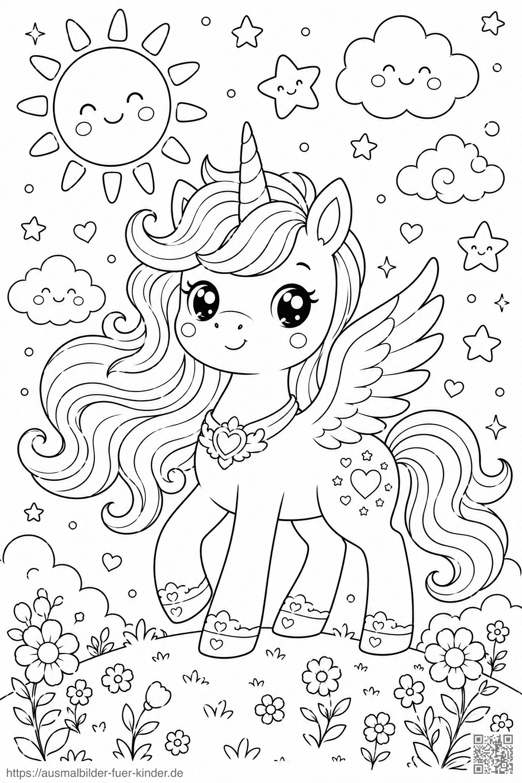 Kawaii Einhorn im Himmel - Ausmalbild