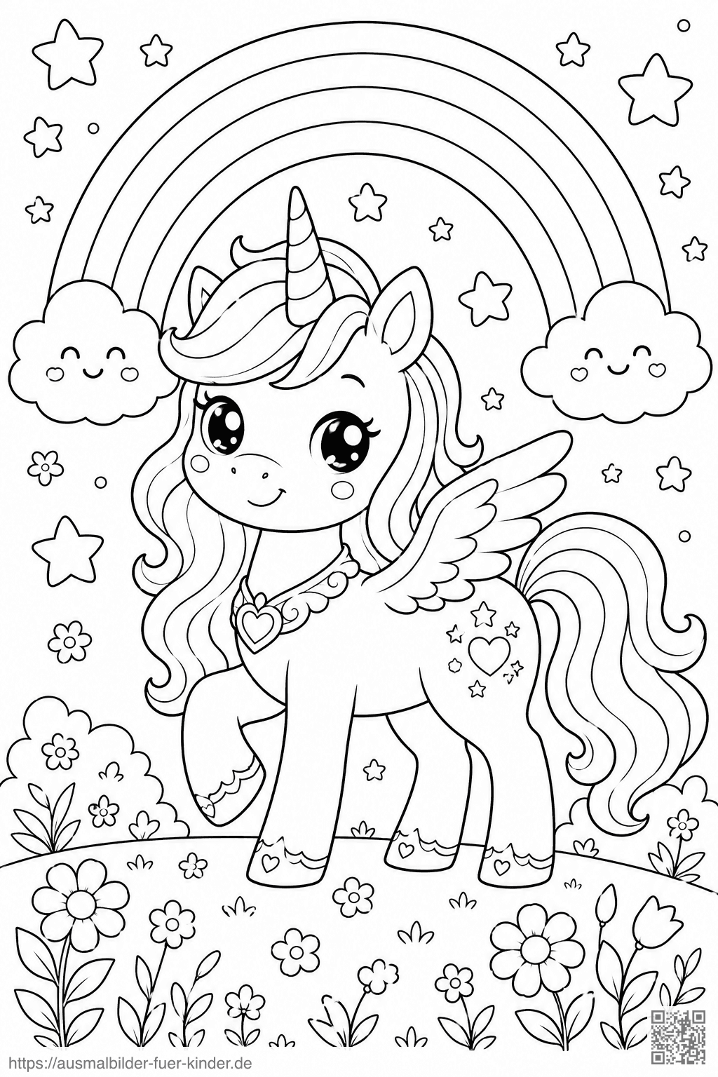 Kawaii Einhorn im Regenbogenland2 - Ausmalbild Kawaii Einhorn im Regenbogenland2 - Ausmalbild