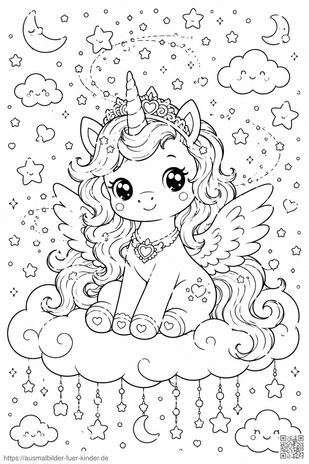 Kawaii Einhorn im Sternenhimmel - Ausmalbild Kawaii Einhorn im Sternenhimmel - Ausmalbild