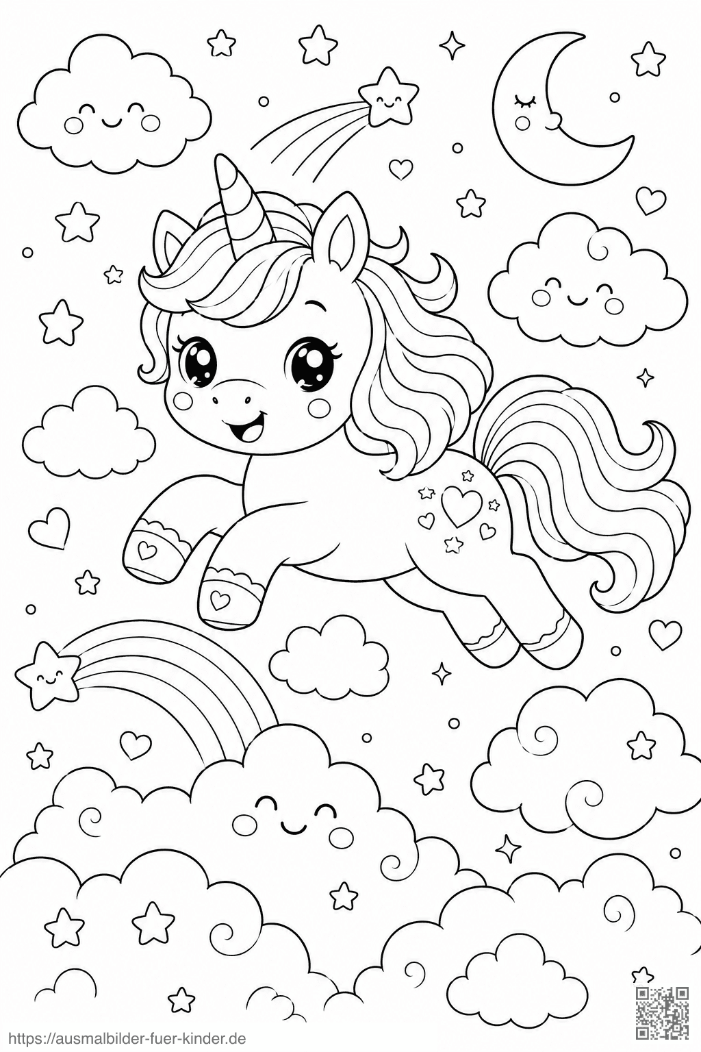 Kawaii Einhorn im Wolkenwunderland - Ausmalbild