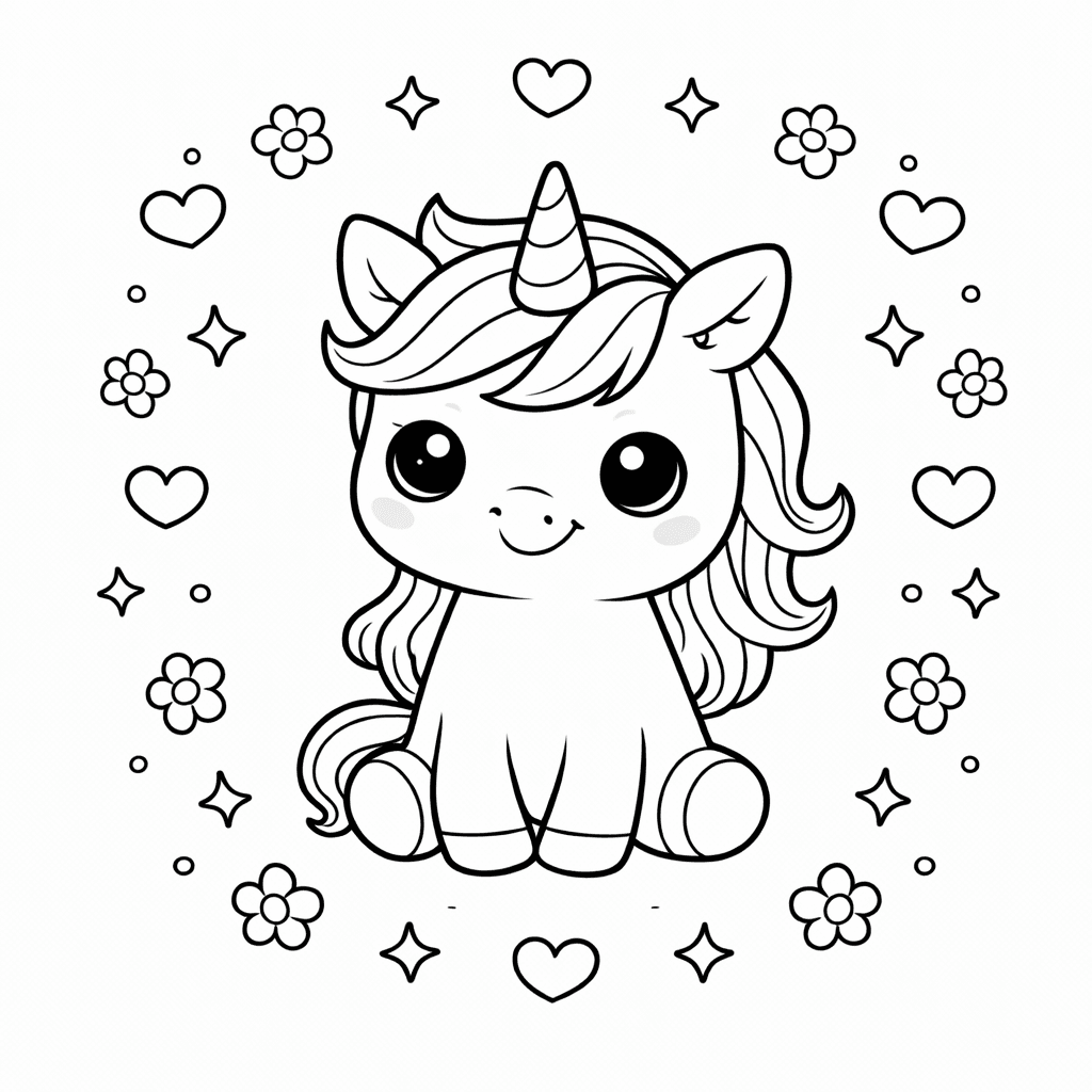 Kawaii Einhorn Im Hübschen Rahmen - Ausmalbild