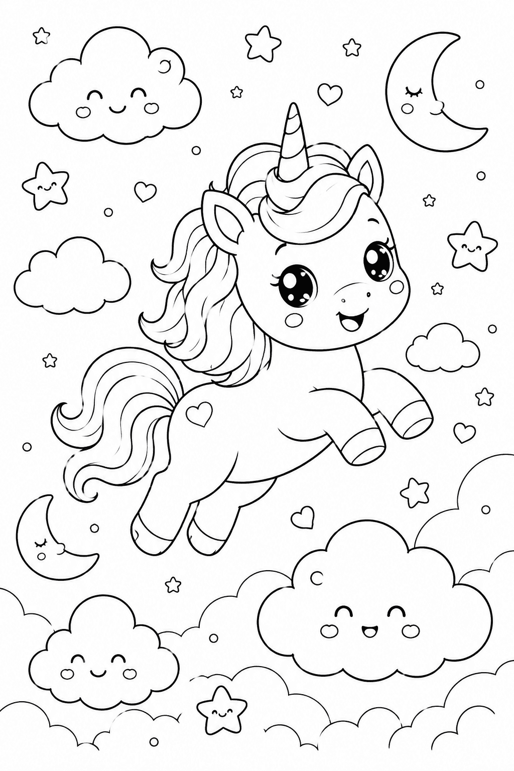 Kawaii Einhorn im nächtlichen Himmel - Ausmalbild