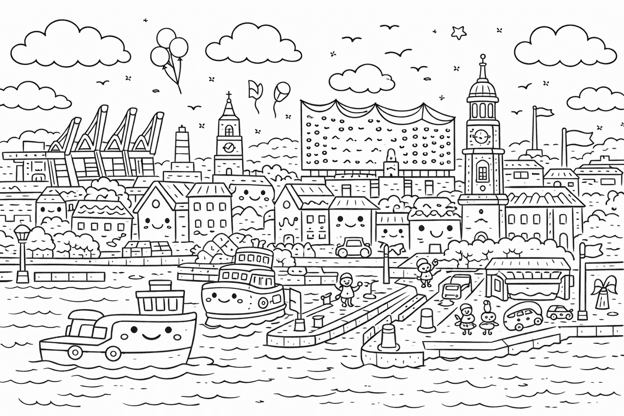 Hamburg Skyline im Kawaii-Stil - Ausmalbild
