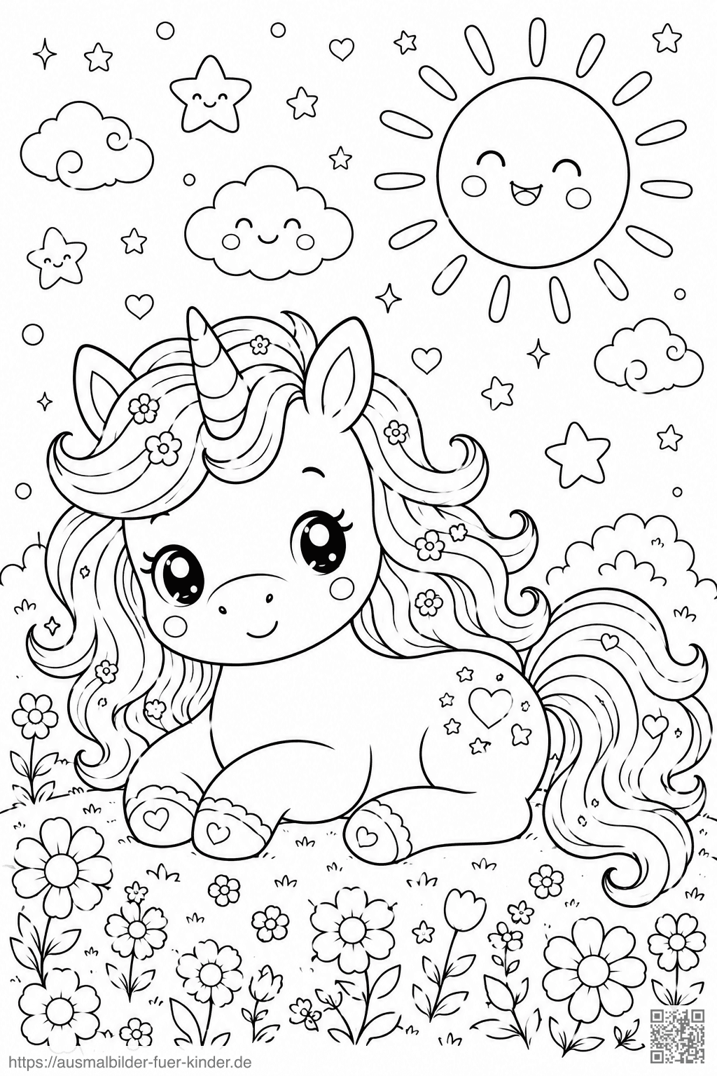 Kawaii-Einhorn im Blumenwiese - Ausmalbild