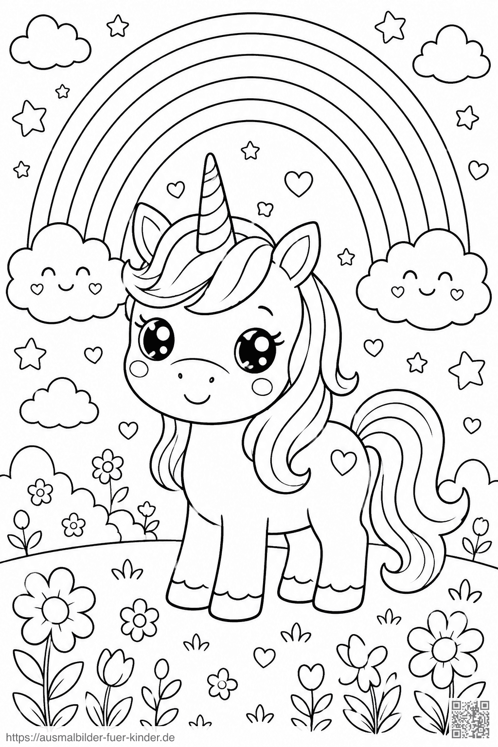 Kawaii-Einhorn im Regenbogenland - Ausmalbild