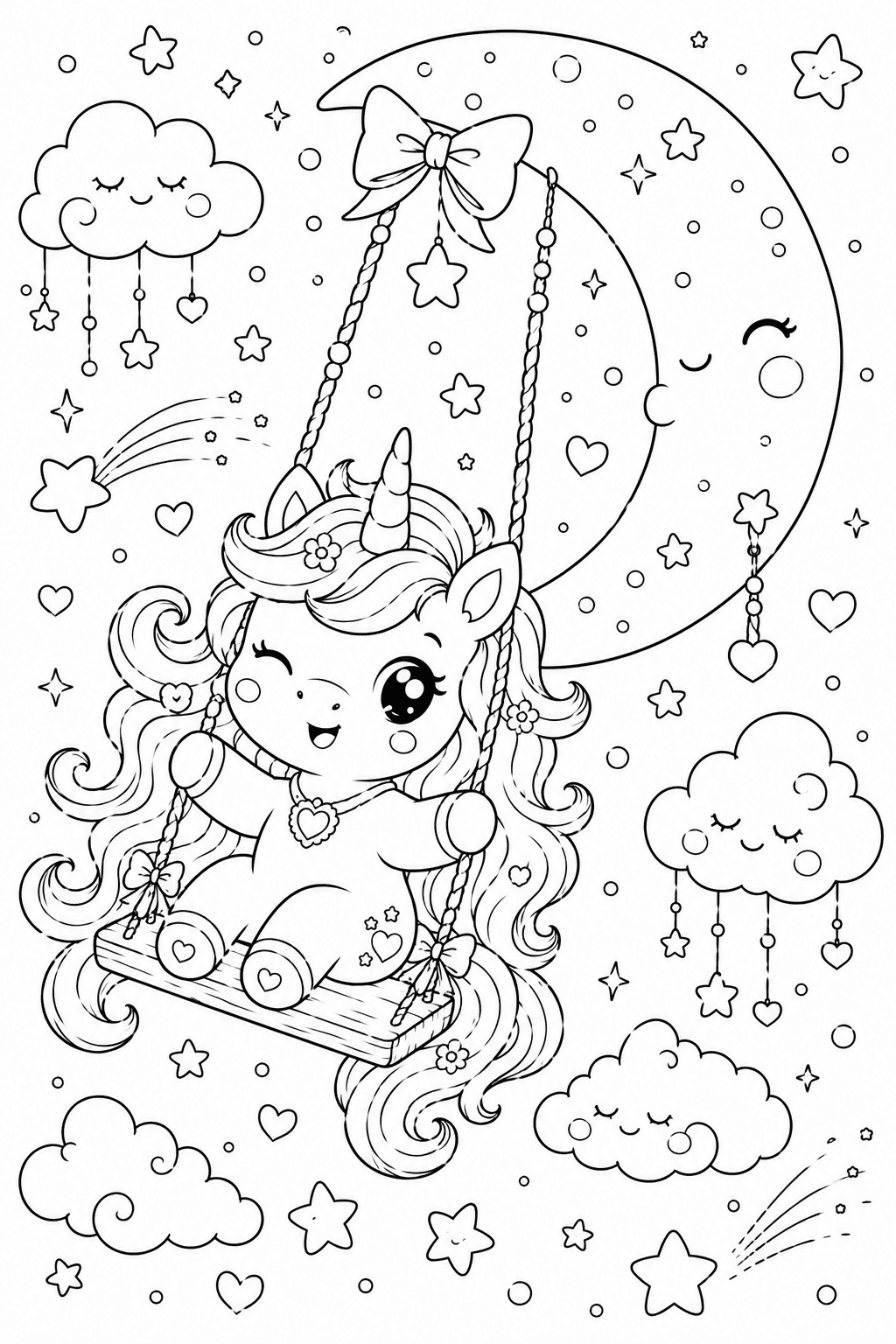 Kawaii-Einhorn im nächtlichen Sternenhimmel - Ausmalbild