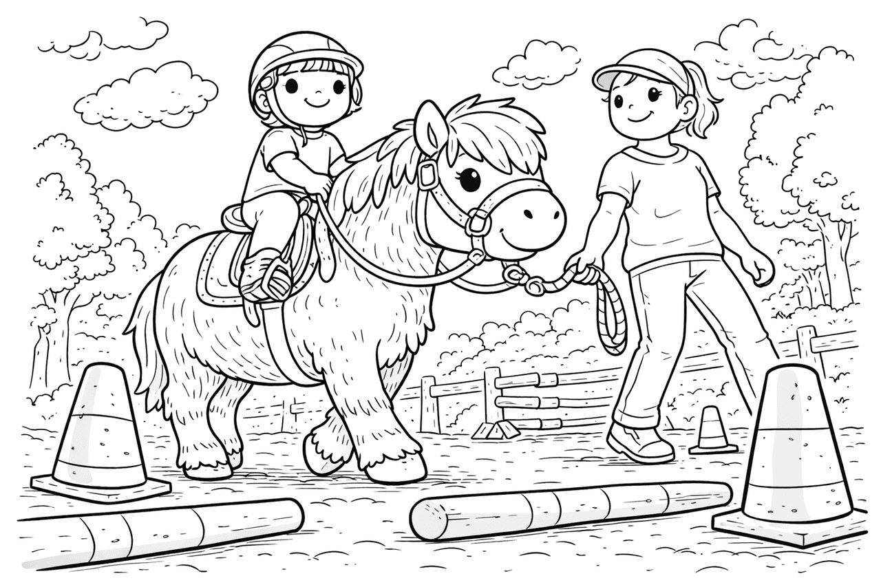 Kind reitet Pony - Ausmalbild