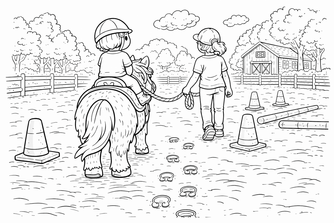 Ponyreiten im Reitplatz - Ausmalbild