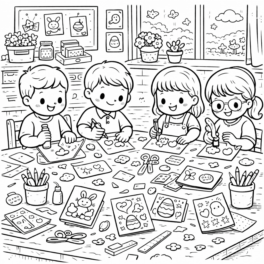 Kinder basteln Osterkarten im gemütlichen Raum - Ausmalbild