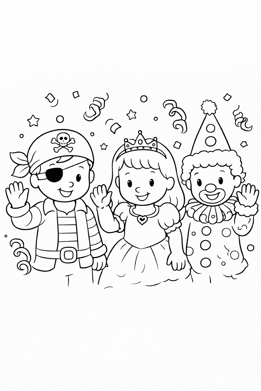 Kinder Im Karnevalskostüm Mit Konfetti - Ausmalbild