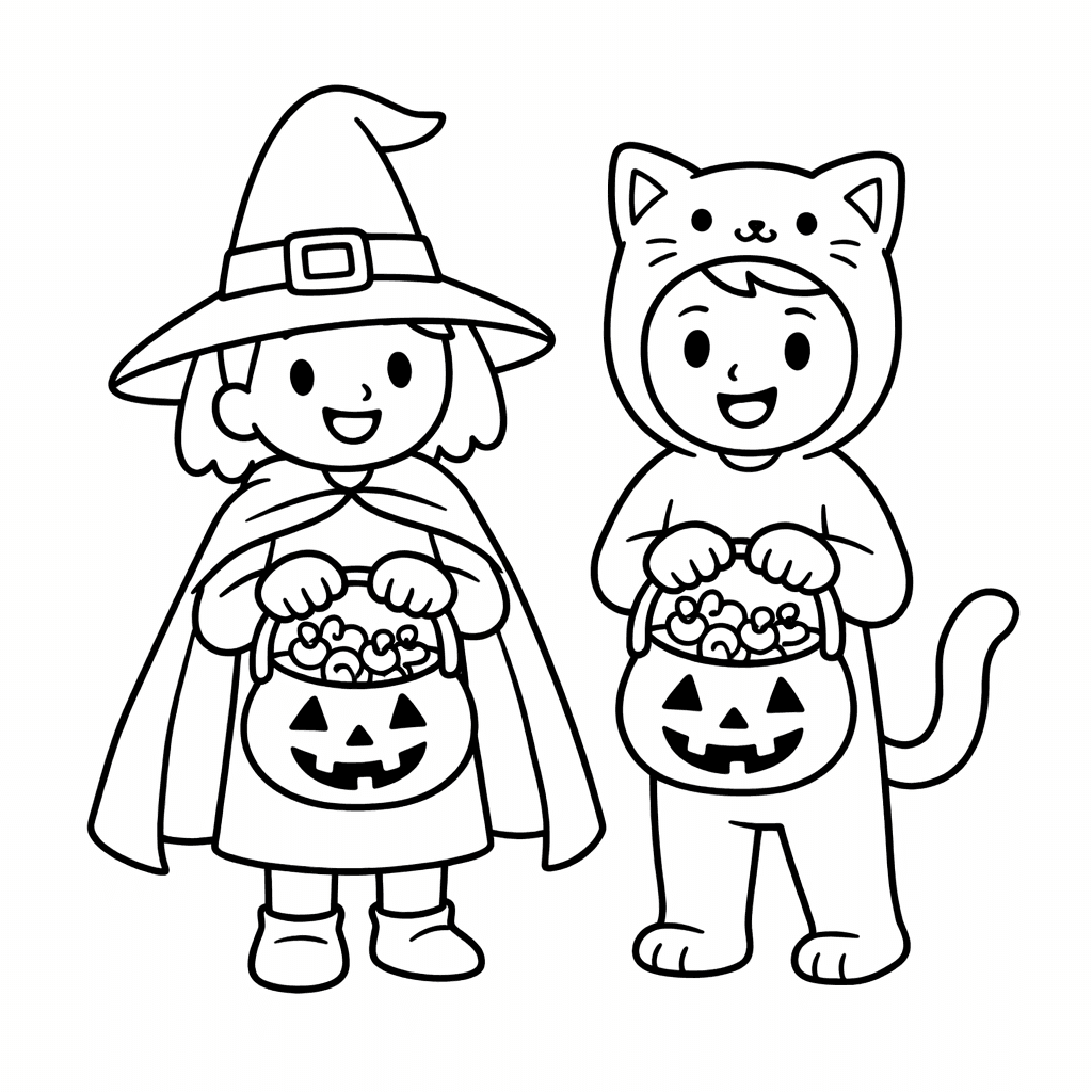 Kinder In HalloweenkostüMen Mit KüRbisküBeln - Ausmalbild