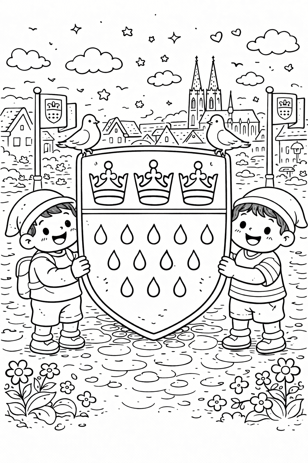 Kinder mit Kölner Wappen - Ausmalbild