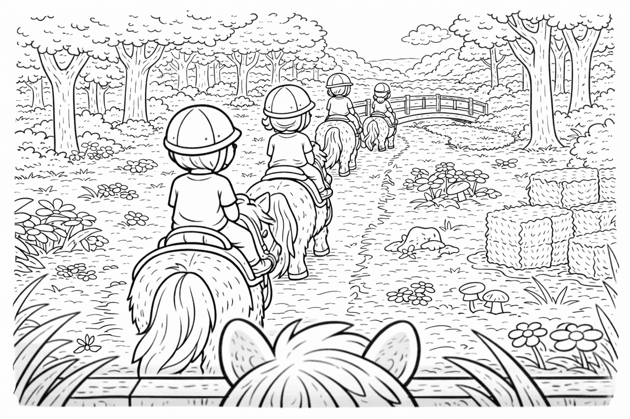 Ponyreiten im Wald - Ausmalbild