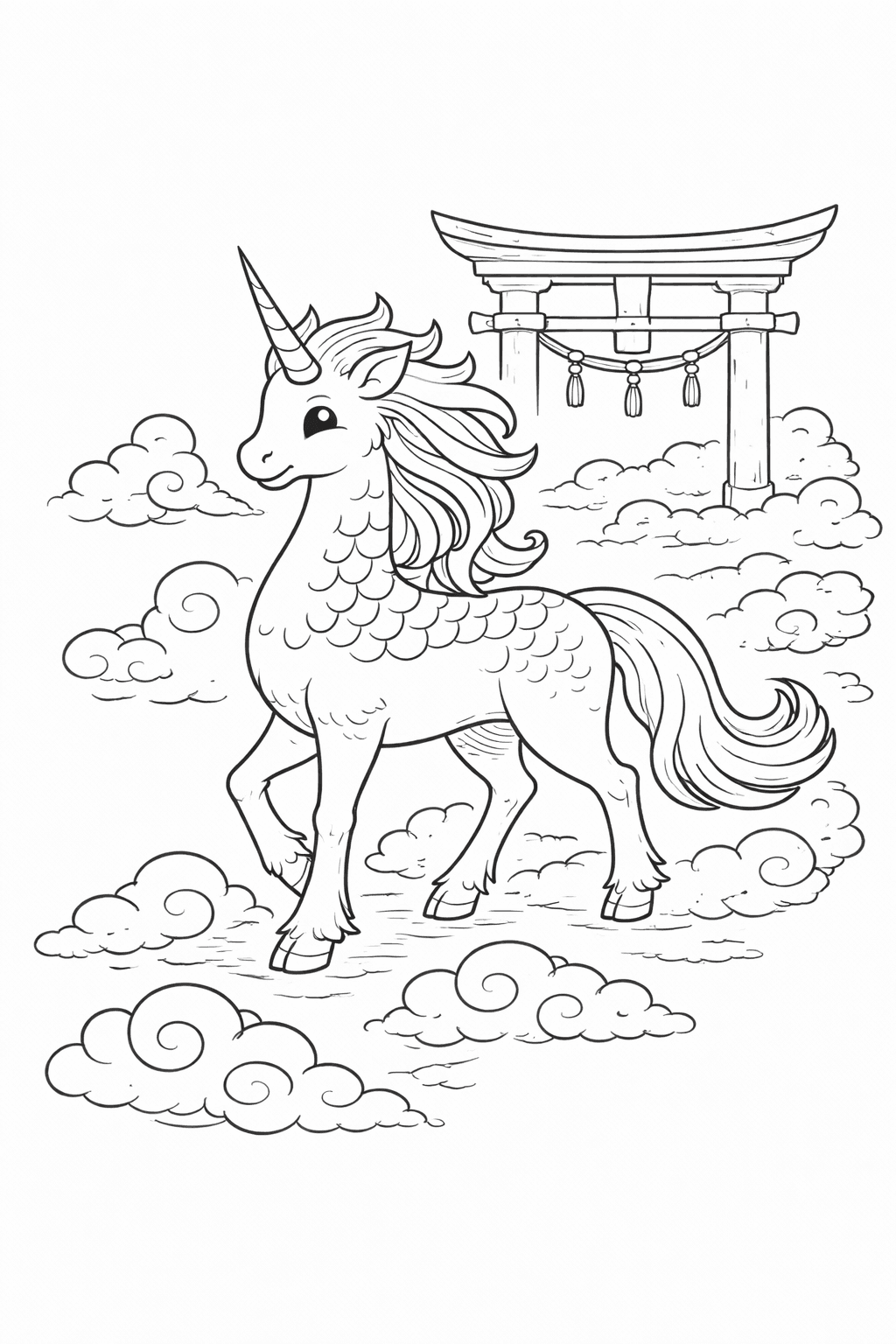 Kirin über Den Wolken Mit Torii - Ausmalbild