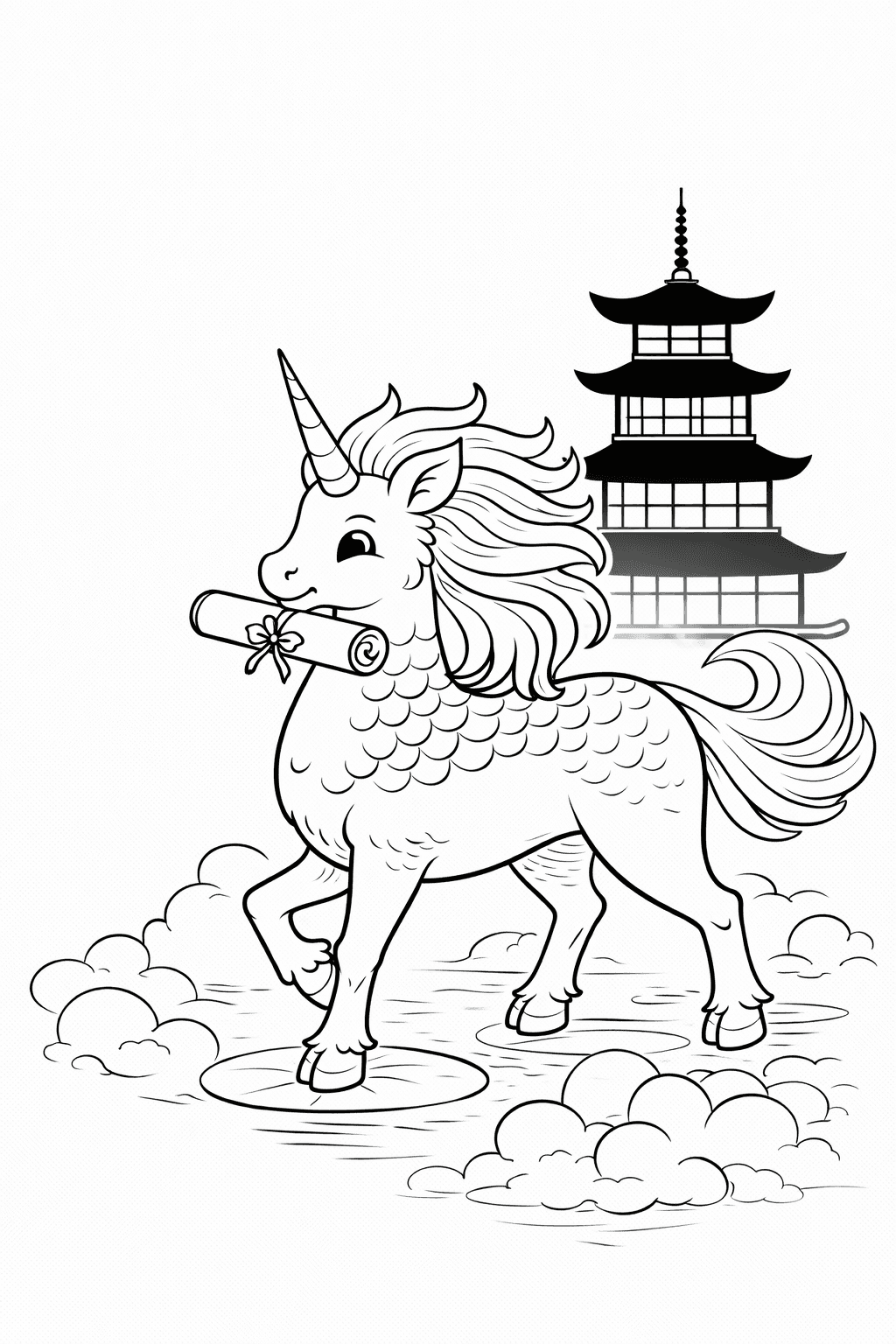 Kirin Mit Rolle Vor Pagode - Ausmalbild