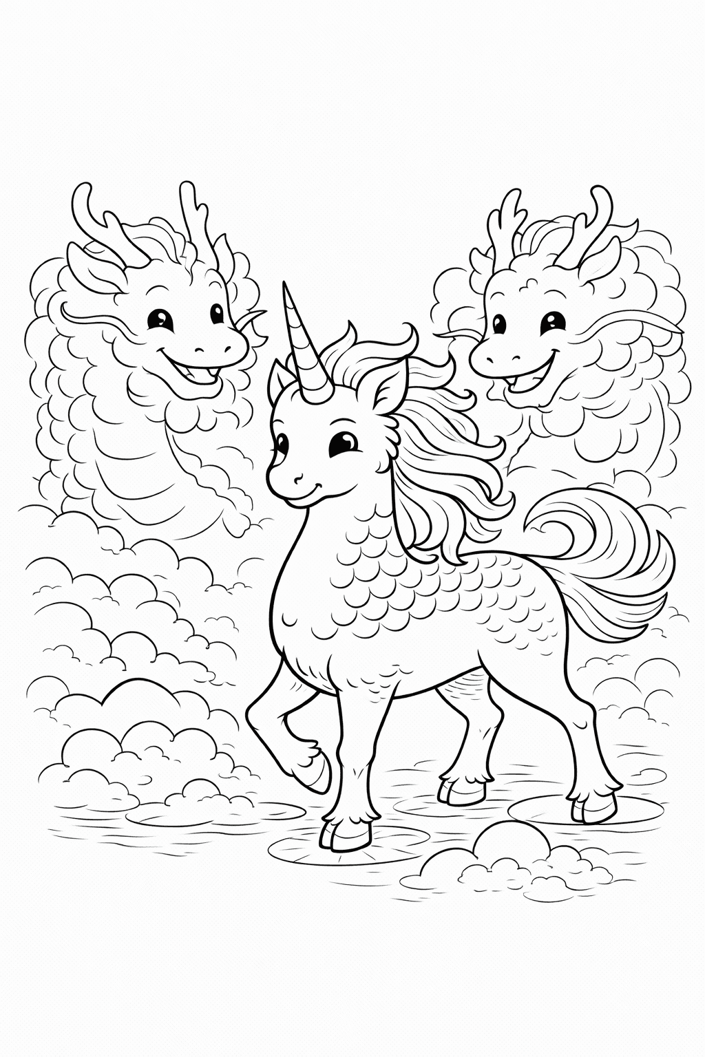 Kirin Und Wolkendrachen Im Einklang - Ausmalbild