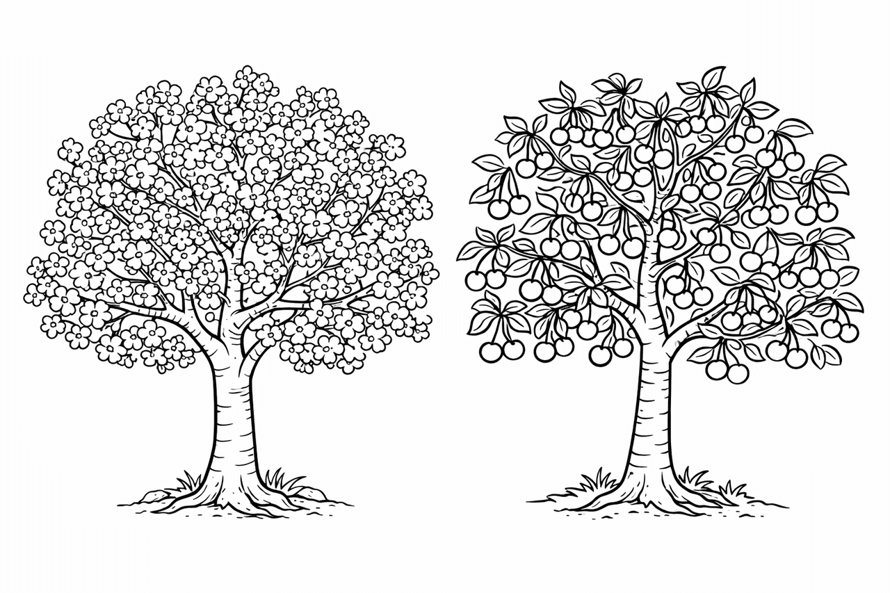 Kirschbaum in Blüte und Frucht - Ausmalbild