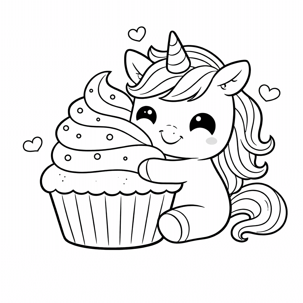 Kleine Einhorn Umarmt Cupcake - Ausmalbild