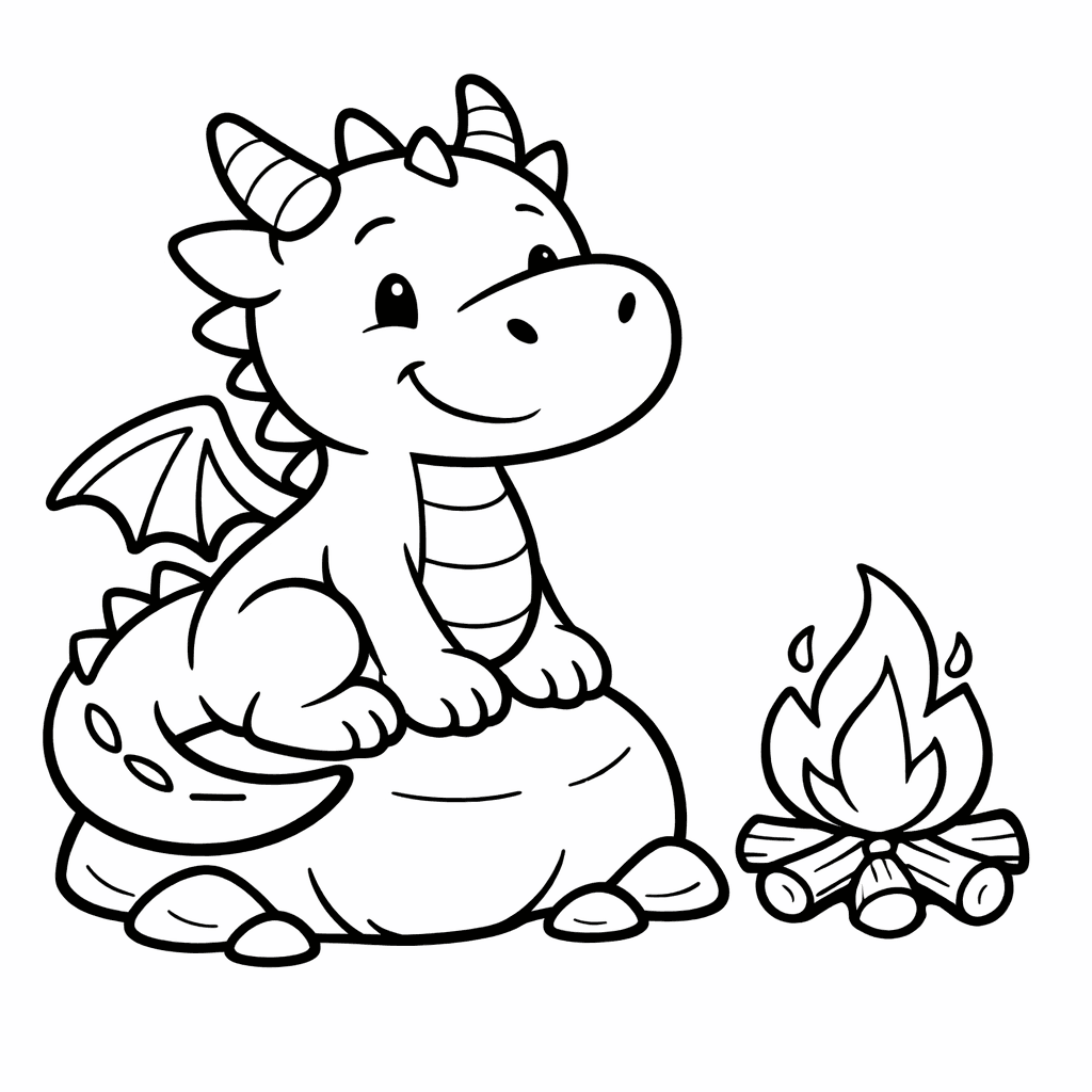Kleiner Drache Am Lagerfeuer - Ausmalbild