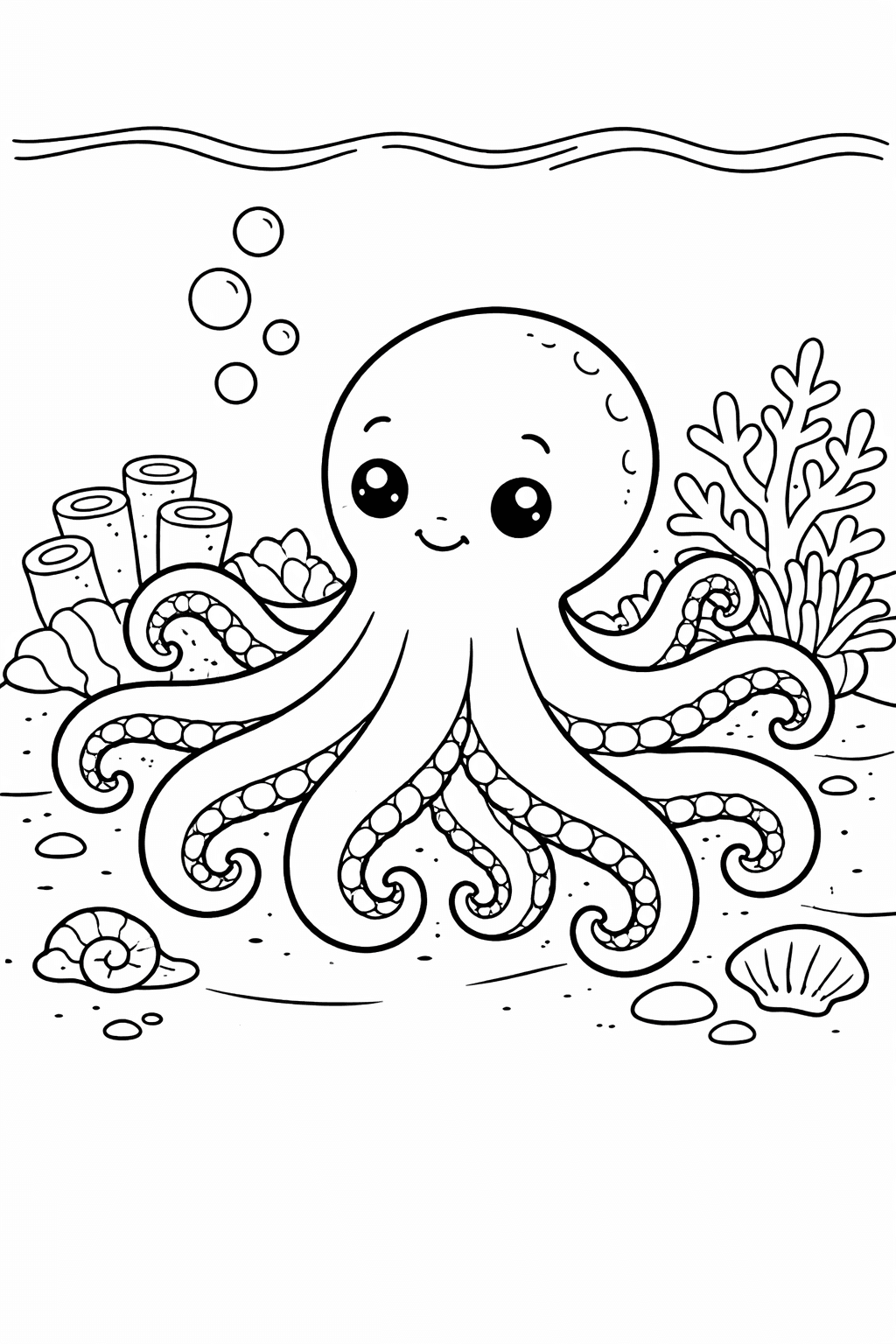 Oktopus auf Meeresboden - Ausmalbild