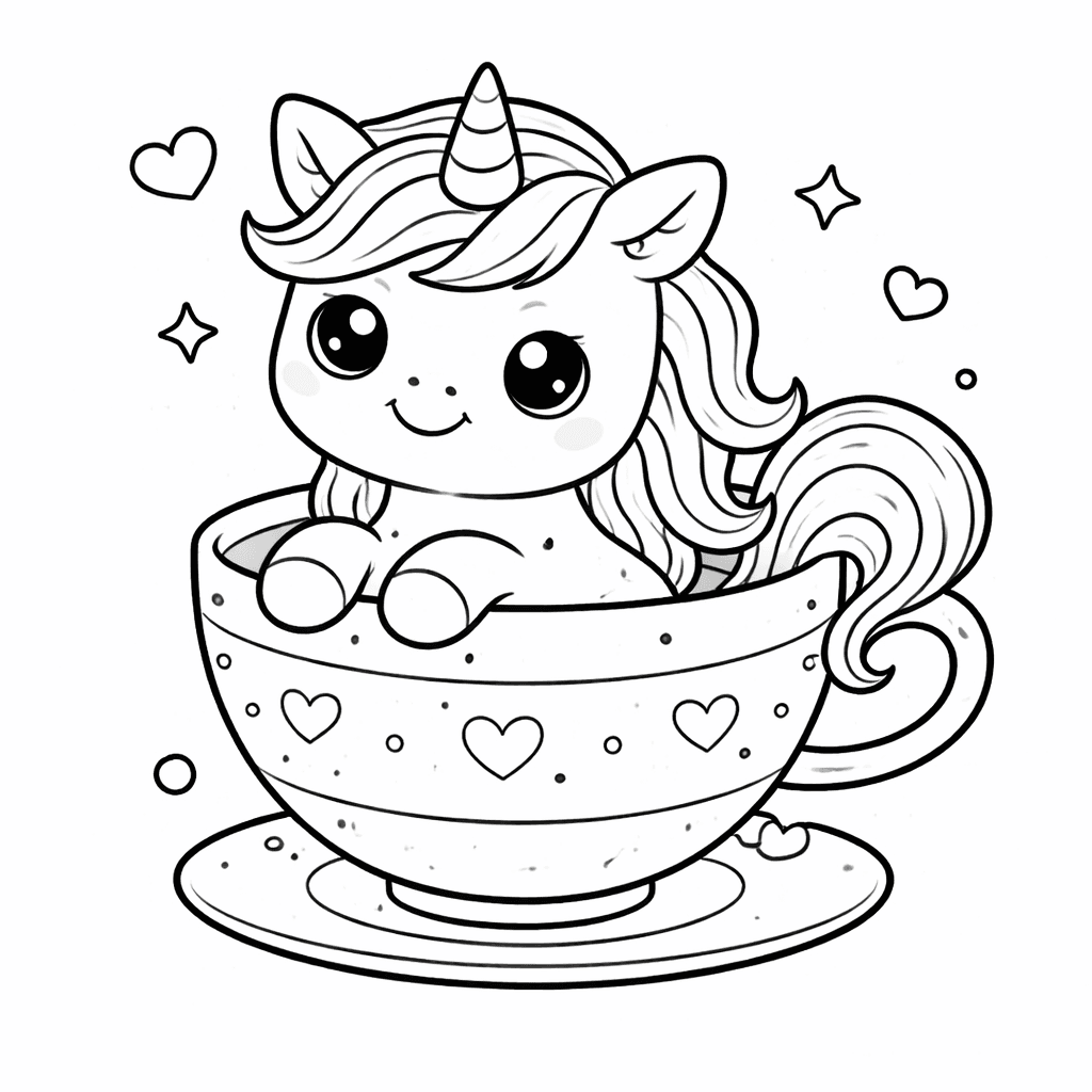 Kleines Einhorn In Teetasse - Ausmalbild