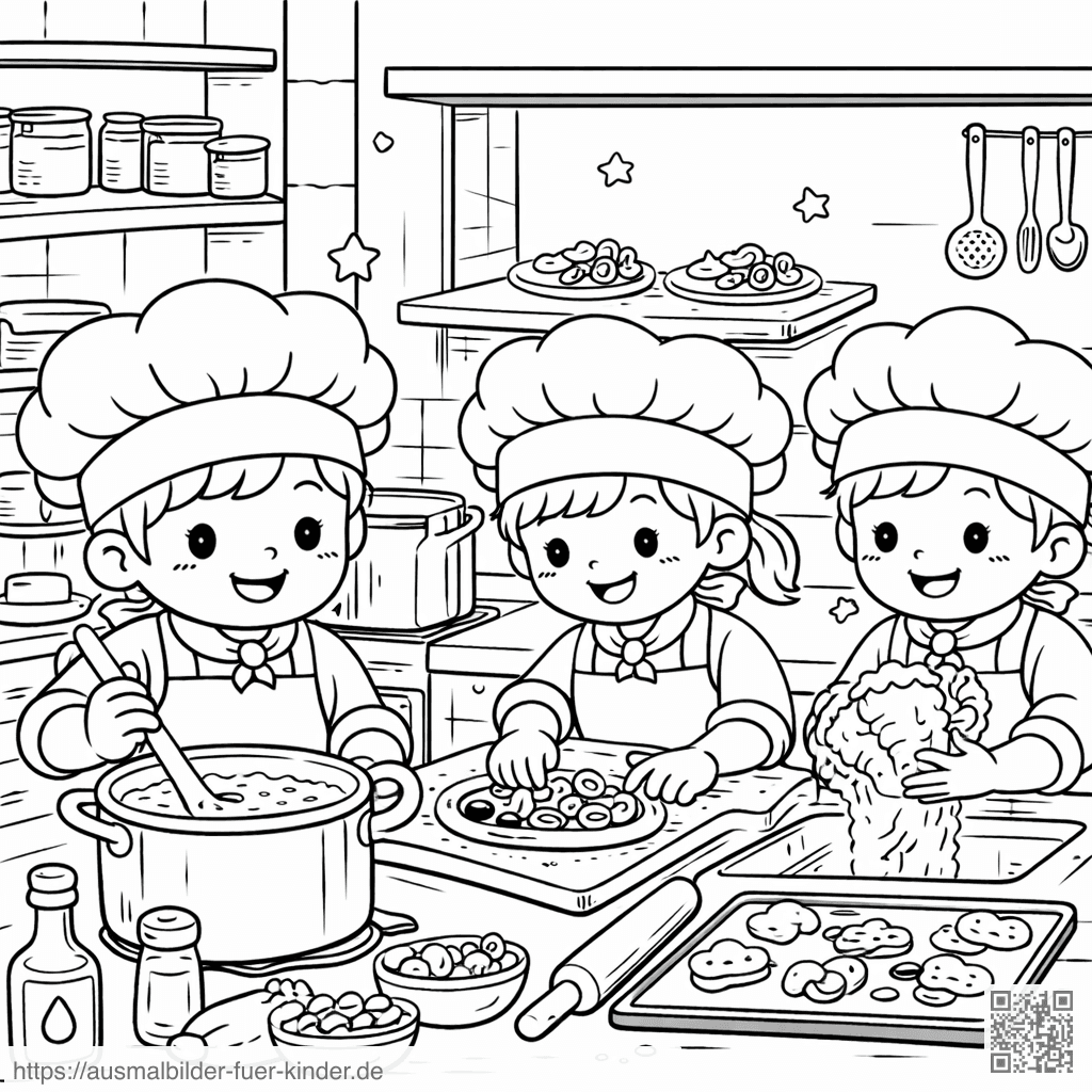 Kinder beim Kochen in der Küche - Ausmalbild Kinder beim Kochen in der Küche - Ausmalbild