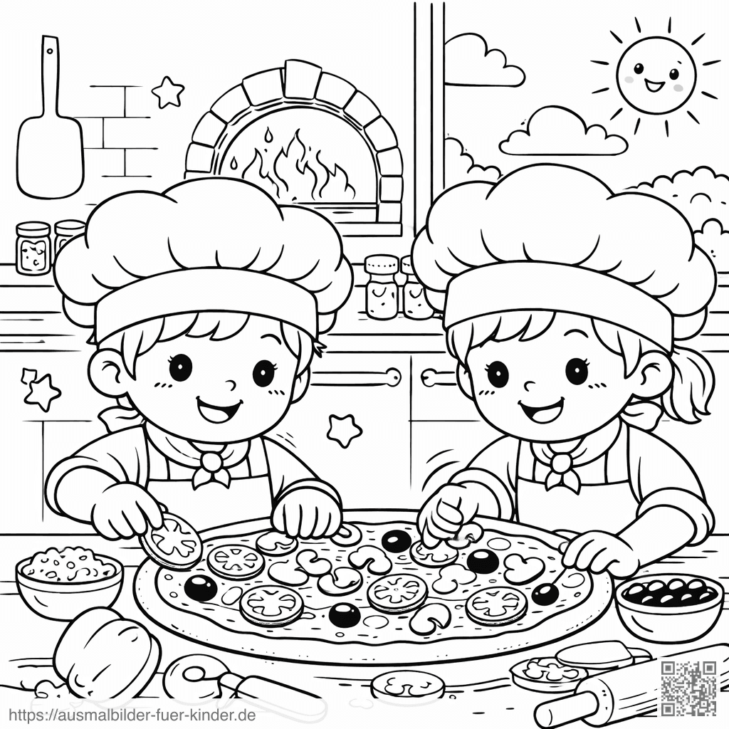 Kinder beim Pizzabacken in der Küche - Ausmalbild Kinder beim Pizzabacken in der Küche - Ausmalbild