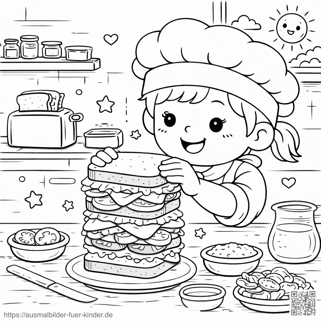 Kinder in der Küche mit Sandwich - Ausmalbild