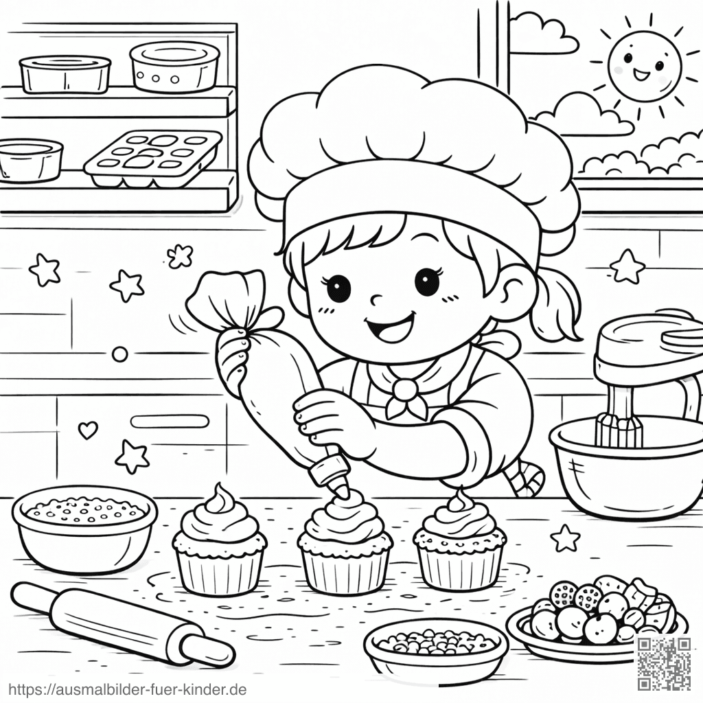 Kleiner Bäcker verziert Cupcakes - Ausmalbild