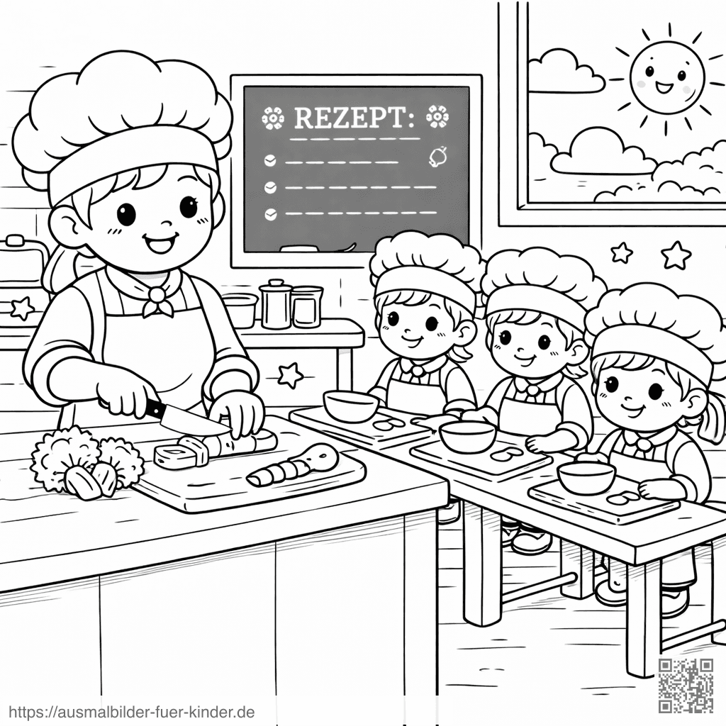 Kochkurs für Kinder mit Chefinstruktorin - Ausmalbild Kochkurs für Kinder mit Chefinstruktorin - Ausmalbild