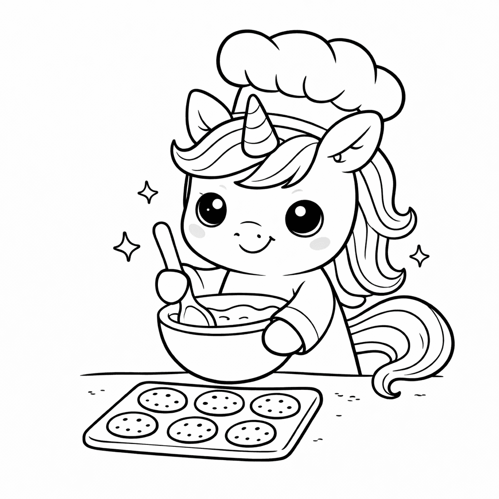 Kochende Einhornbäckerin Mit Keksen - Ausmalbild