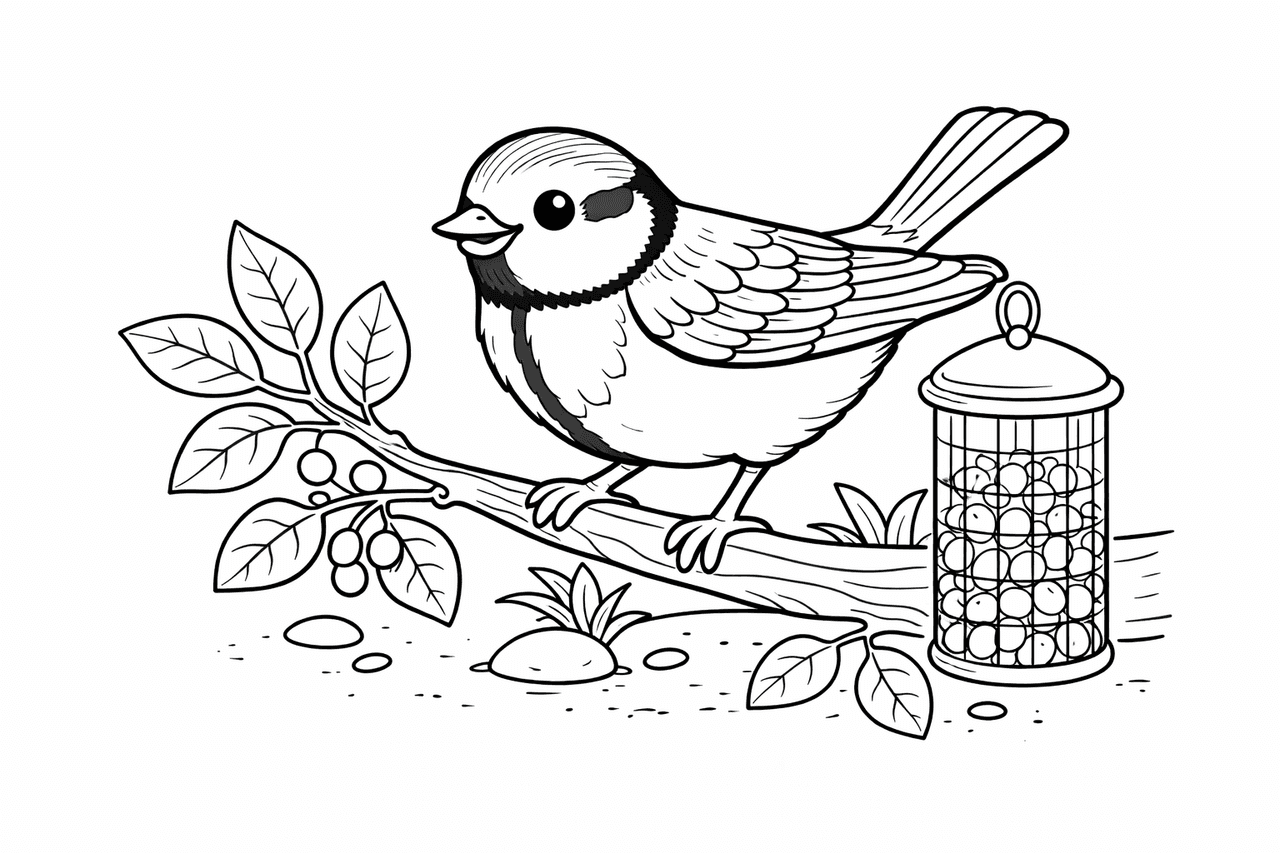 Kohlmeise auf Ast - Ausmalbild