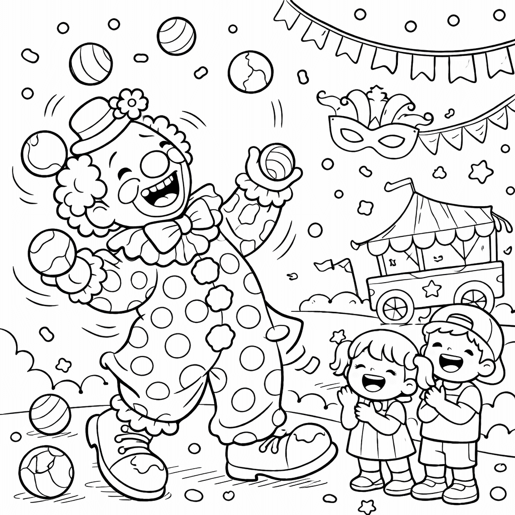 Clown jongliert auf der Jahrmarktshow - Ausmalbild