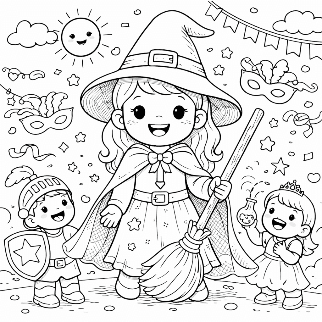 Freundliche Hexe mit fröhlichen Kindern - Ausmalbild
