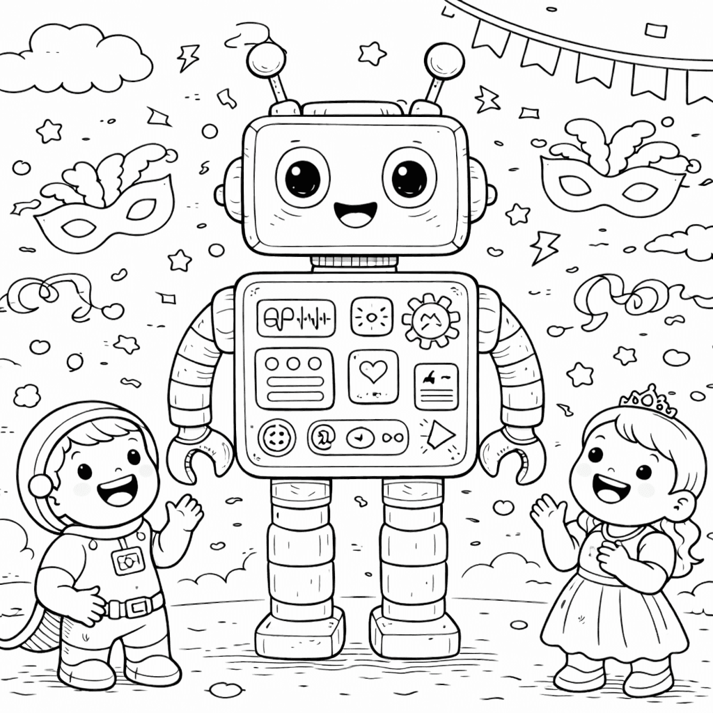 Freundlicher Roboter und staunende Kinder - Ausmalbild