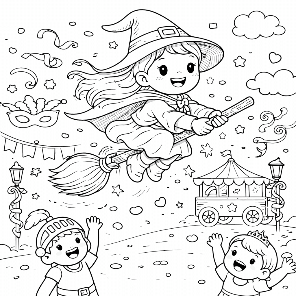 Hexe über dem Karneval - Ausmalbild