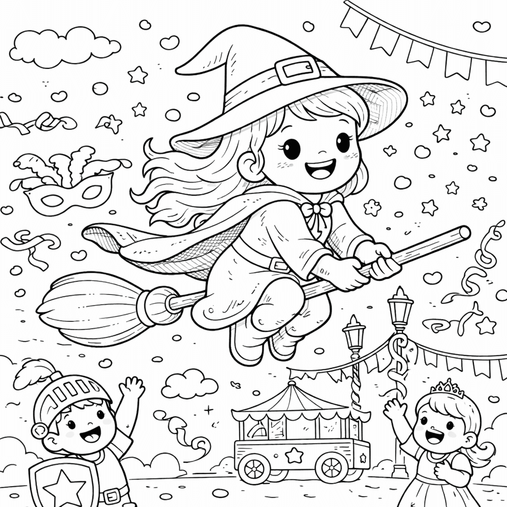 Hexenflug über dem Jahrmarkt - Ausmalbild