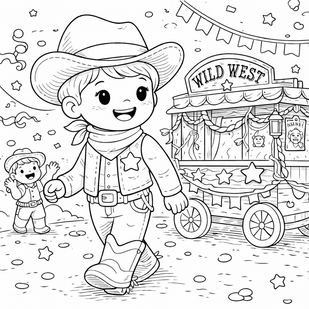 Kleiner Cowboy vor Western-Wagen - Ausmalbild