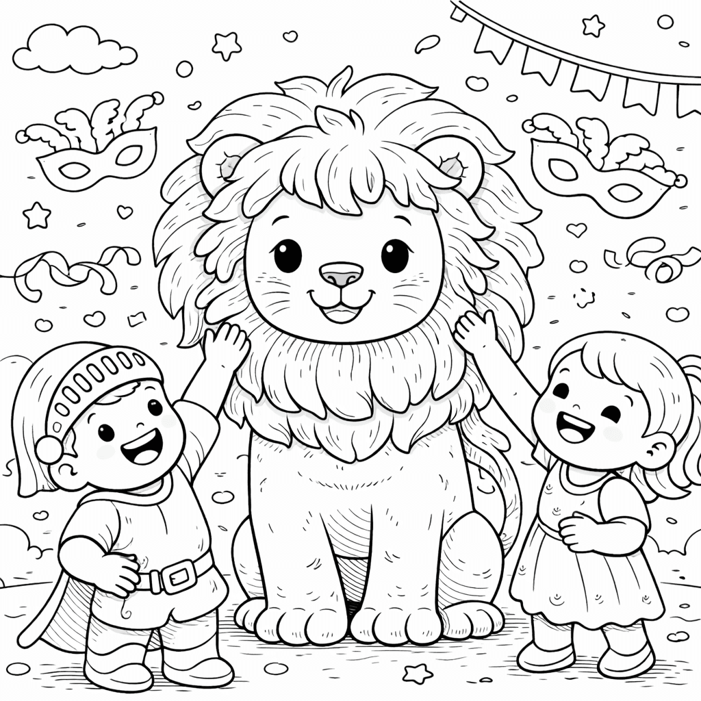 Löwe im Kostüm und fröhliche Kinder - Ausmalbild