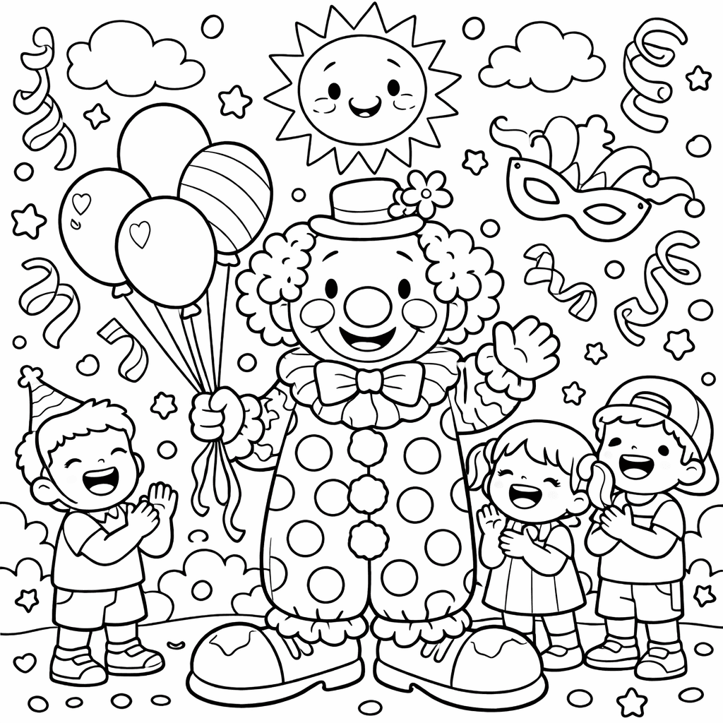 Lustiger Clown mit fröhlichen Kindern - Ausmalbild