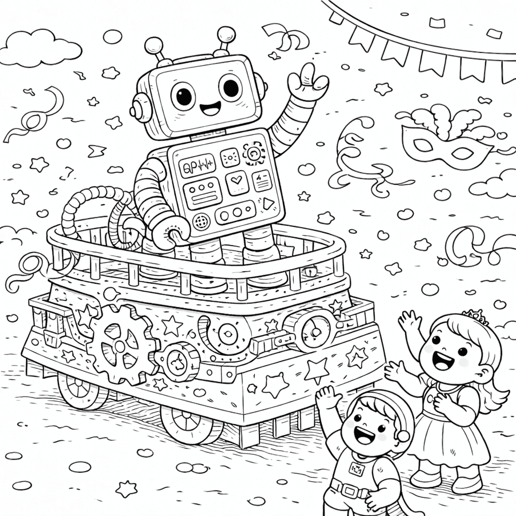 Roboterparade auf dem futuristischen Festwagen - Ausmalbild